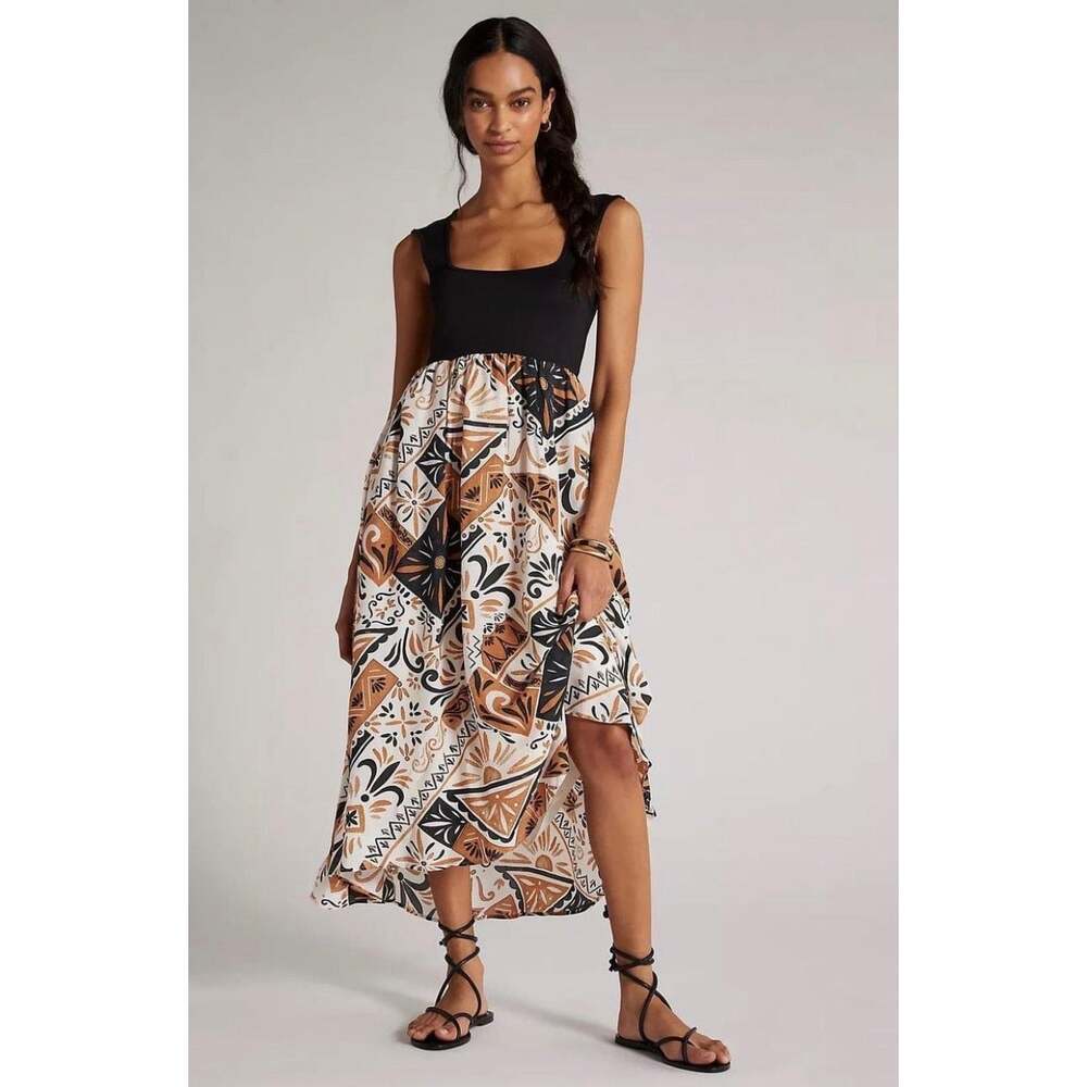 Anthropologie Printed Twofer Midi Dress XS Black Tan Abstract Sleeveless